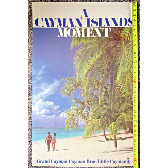 Vintage Grand Cayman Islands Travel Poster Palm Trees Sandy Beach Caribbean Sea - Picture 1 of 7